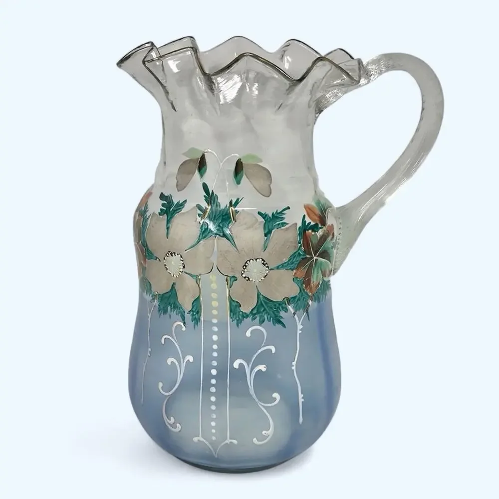 Victorian Hand Painted Pitcher Enameled  Blue Art Glass Floral Pitcher